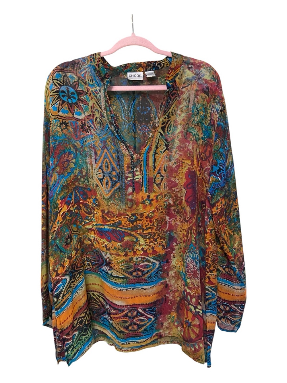 Chico’s 100% Silk Boho Abstract Print Tunic Blouse | Size 3 XL